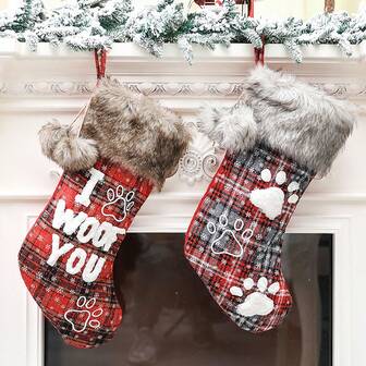 1 Pc Christmas Stocking With Dog Paw Snowflakes,Suitable For Staircase Fireplace Hanging Christmas Home Decoration