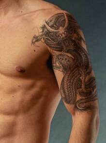 3 Piezas Sticker Temporal De Tatuaje Corporal Grande De Moda Con Patrón De Dragón Y Flor Personalizado Para Cubrir Cicatrices En El Brazo, Pecho, Abdomen Y Espalda - Multicolor - Ver 2