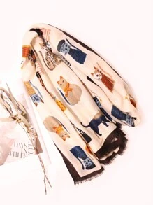 Cute 1pc Fashionable And Popular Scarf With Cat Pattern, Suitable For Daily Wear - Beige - View 5