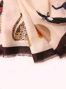 Cute 1pc Fashionable And Popular Scarf With Cat Pattern, Suitable For Daily Wear - Beige - View 3