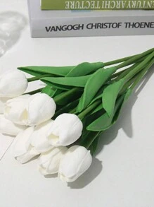 10入組白色鬱金香人工花,塑料乾花花束,適用於家居裝飾客廳餐桌擺設 - 白色 - 查看 6