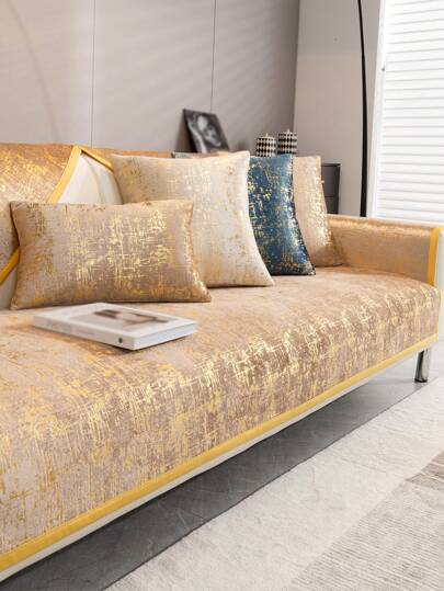 1pc Slip-resistant Snowy Fleece Sofa Cover Universal Four Seasons Sofa Cushion Cover With Armrest Cover And Backrest Cover, For 1-4 Seater Sofa With Gold Silk Edges