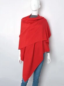 1條女款皺褶設計純色厚款冬季披肩圍巾,保暖 - 紅色 - 查看 2