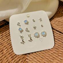 6 Pairs/set Crystal Heart & Butterfly Design Stud Earrings For Women For Party or Daily - Baby Blue - View 8