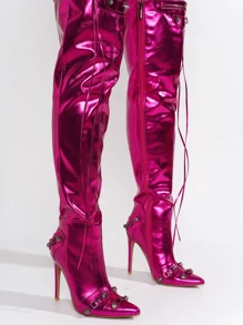 Women's  Metallic Thigh High Pointy Toe Boots - Single Pointy Toe Metallic/Holo Thigh High High Heel For Friday Nights - Hồng - Xem 3