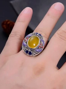 1枚复古个性化设计青金石和黄玛瑙串珠925纯银戒指，多种尺寸可选，是送给女性的最佳礼物。 - 黃色 - 查看 4