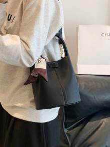 Women's Autumn/Winter New Fashion Simple Scarf PU Large Capacity Bucket Bag, Ladies Handbag & Shoulder Bag - Black - View 5