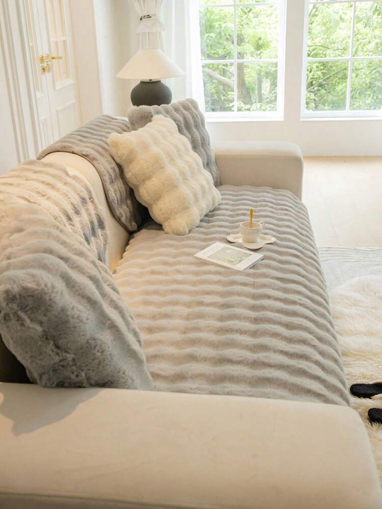 1 tấm bọc ghế sofa nhung màu trơn mùa đông, hình dạng bất đối xứng, sợi polyester dày, chăn dài nhung ấm áp cho ghế sofa kiểu Bắc Âu, đa năng - Màu Xám nhạt - Xem 2
