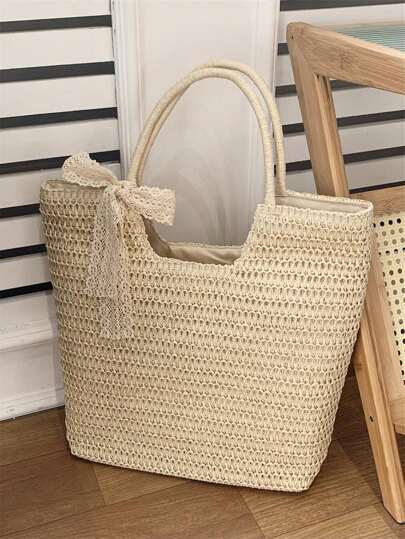 حقيبة نسيج كبيرة السعة ذات لون أحادي، حقيبة يد نسائية لعطلة الصيف، حقيبة قش، حقيبة شاطئ قش، لوازم الشاطئ، أساسيات الشاطئ، أغراض الشاطئ والأساسيات الصيفية، حقيبة مدرسية، سعة كبيرة، خفيفة الوزن، محمولة، كاجوال كلاسيكية، مناسبة للمراهقات والنساء وطالبات الجامعة في العطلات والأعياد والأنشطة الخارجية والسفر والخروجات