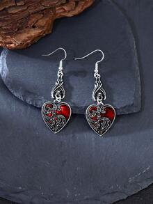 2pcs Gothic Style Bat & Red Heart Shape Pendant Earrings For Halloween - Antique Silver - View 5