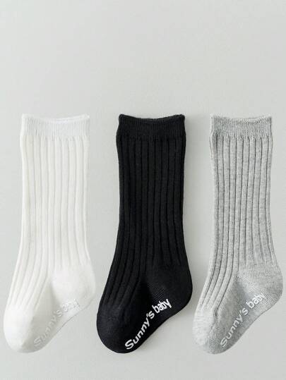 3 双纯色防滑幼儿袜子，中筒黑白新生儿步行袜