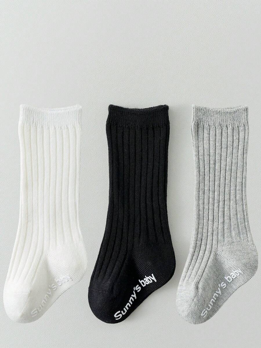 3 双纯色防滑幼儿袜子，中筒黑白新生儿步行袜