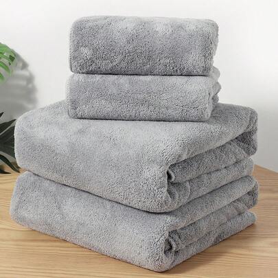 1条/2条/4条装珊瑚绒纯色柔软吸水不掉毛（轻薄）方便情侣毛巾，速干，适用于居家使用、擦头发、洗脸、沐浴（小毛巾）或（70*140浴巾）或（40*80大毛巾）或（90*170特大浴巾）