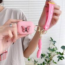 可爱卡通蝴蝶形硅胶耳机盒兼容 Airpods 带钥匙扣 - 粉色 - 查看 2