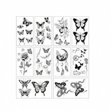 10入組新鮮蝴蝶和花卉暫時性刺青貼紙 - 黑色 - 查看 1