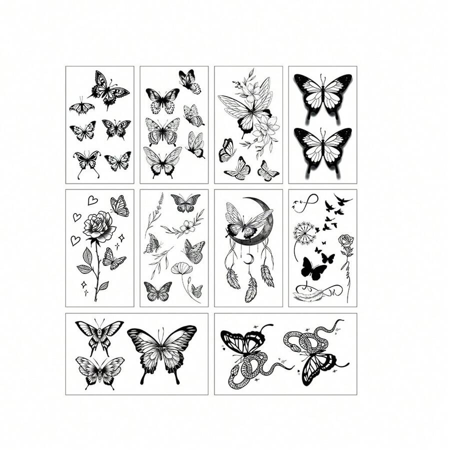 10入組新鮮蝴蝶和花卉暫時性刺青貼紙 - 黑色 - 查看 1