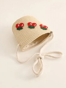 1set Girls' Cherry Princess Style Weaved Hat With Cute Bag, Sun Hat For Beach And Daily Wear, Summer - Beige - View 7