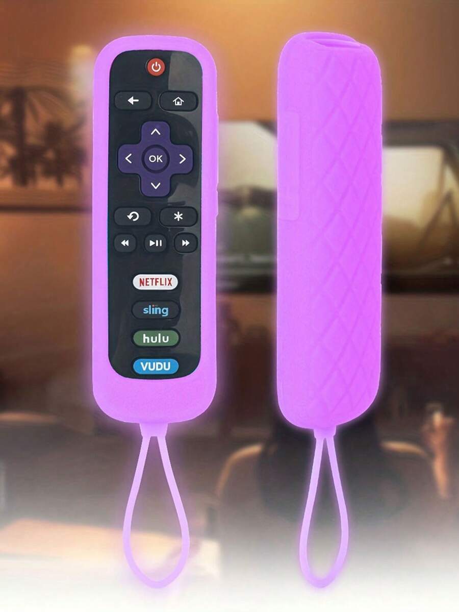 1pc Glow In The Dark Silicone Universal Remote Control Cover For TCL Hisense Roku TV Steaming Stick 4k 4K+ - With Lanyard! - Purple - View 1