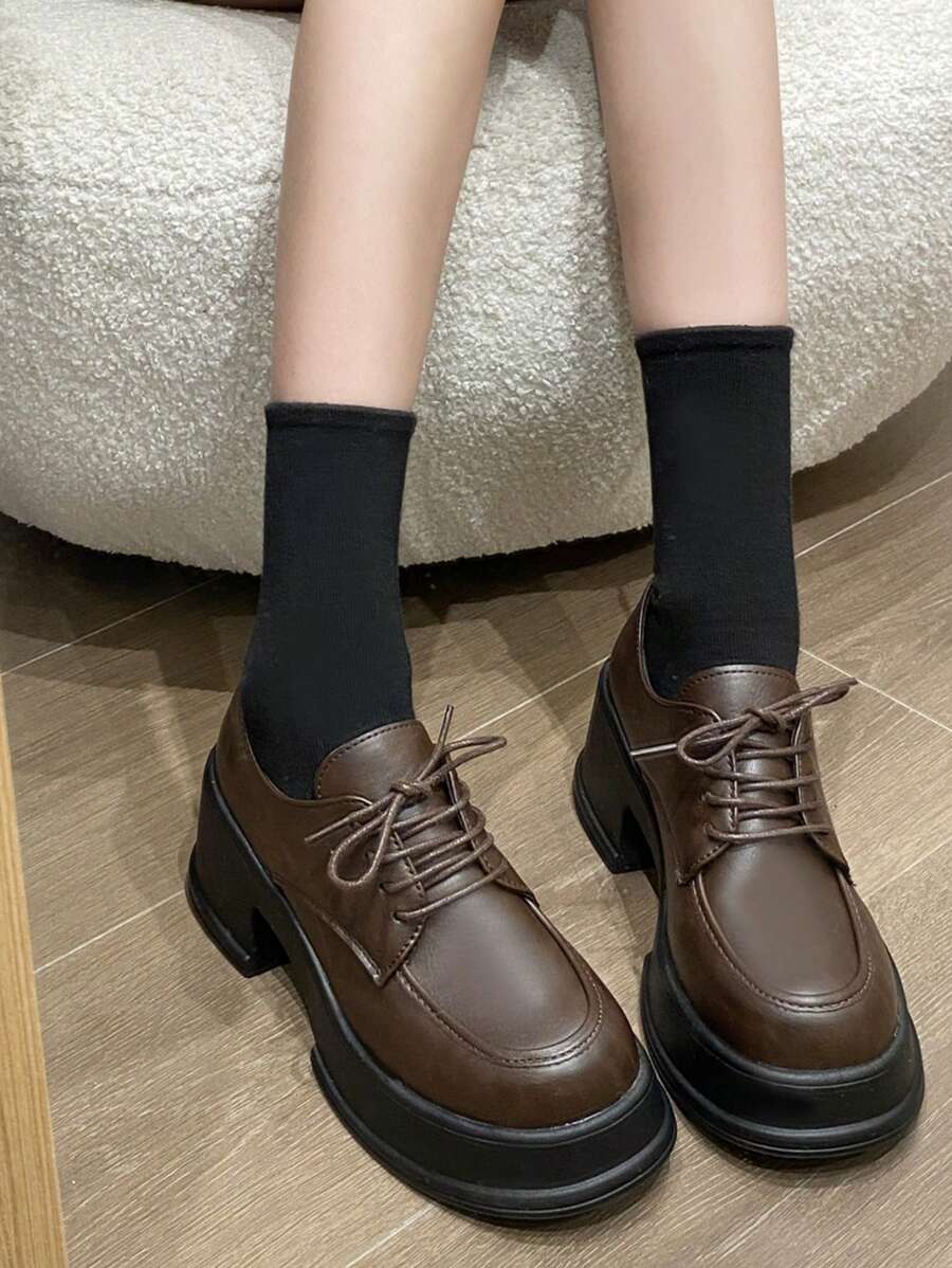 2025 新款棕色高跟厚底英式校服风格皮革乐福鞋，圆头玛丽珍鞋，百搭 - 棕色 - 查看 1