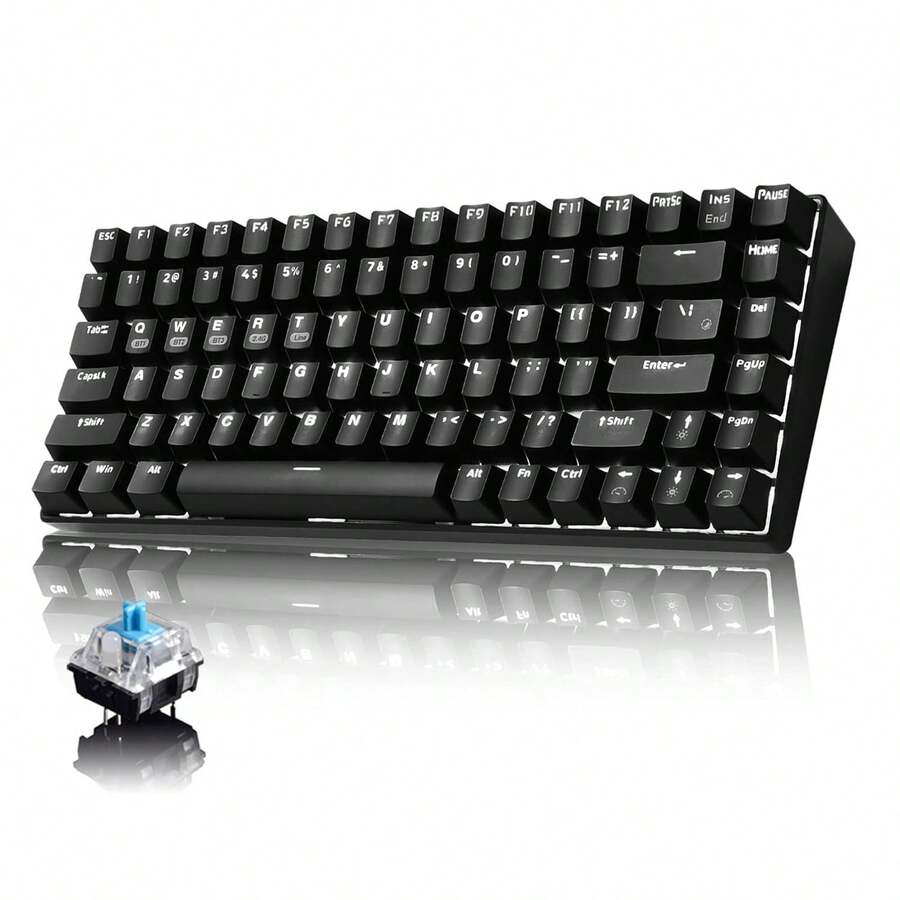 Wireless Gaming Keyboard Mechanical Blue LED Backlit Bluetooth 5.0/Wireless 2.4G/Wired 84 Keys Mini Keyboard With Rechargeable 3000mAh Battery Brown Switches Type-C USB Receiver For Windows Gaming PC - Black Blue - View 1