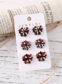3pairs Vintage Cheerleader & Flower Design Wooden Stud Earrings For Women - Multicolor - View 3