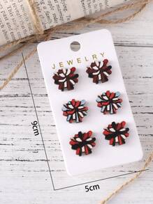 3pairs Vintage Cheerleader & Flower Design Wooden Stud Earrings For Women - Multicolor - View 4
