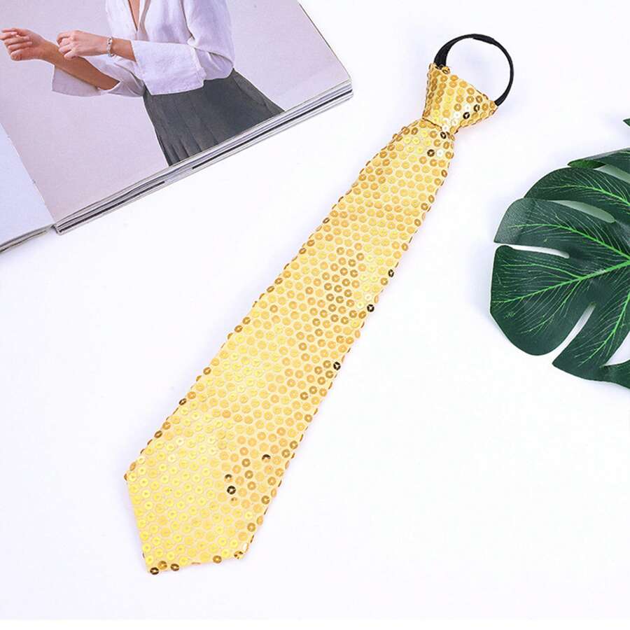 1pc Adjustable Unisex Gold Sequin Necktie With Reflective Shiny Beads, Perfect For Festivals, Events, Parties And Performances Street - Gold - View 1
