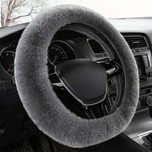 1pc Grey Plush Car Steering Wheel Cover - Grey - View 1
