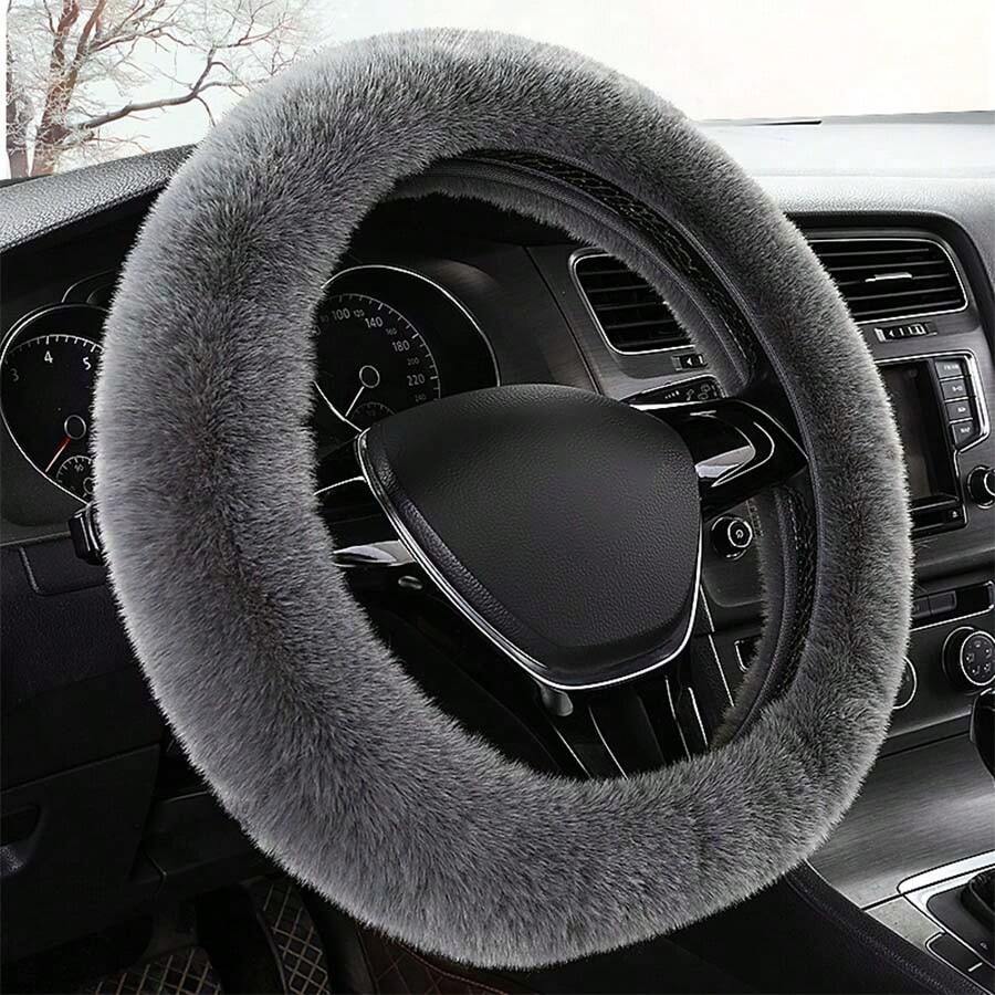 1pc Grey Plush Car Steering Wheel Cover - Grey - View 1