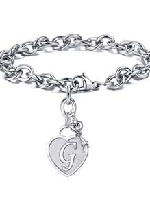 1pc Fashionable Heart Shaped Key & 26 English Letters Charm Bracelet, Chain Type