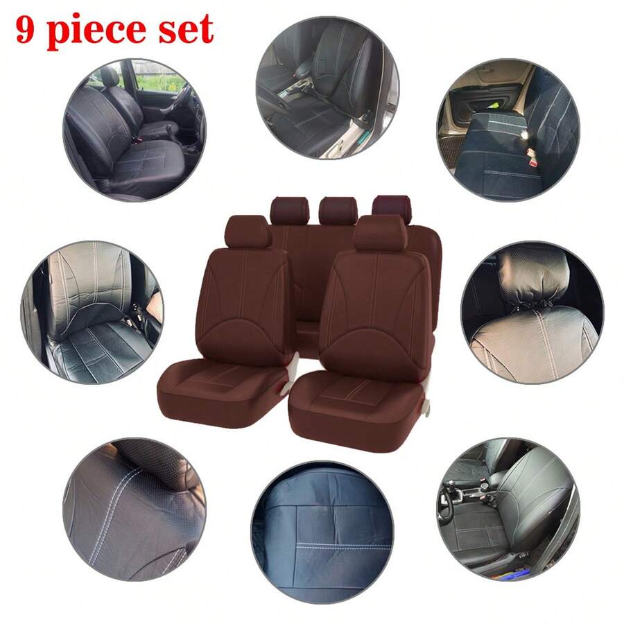 Universal 9pcs/Set Coffee Color Pu Leather Perforated Breathable Front & Rear Car Seat Covers - Coffee Brown - View 1