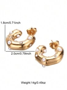 FEEL STYLE 1pair Fashionable Stainless Steel Asymmetrical Shaped Earrings With Faux Pearl Decoration For Women's Daily Wear - Gold - View 6