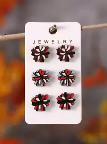 3pairs Vintage Cheerleader & Flower Design Wooden Stud Earrings For Women - Multicolor - View 1