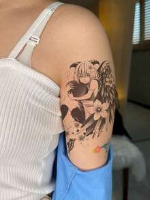 1張逼真防水半永久性紋身貼紙,大型少女天使翅膀圖案,持續7-15天,適合女性和女孩使用 - 黑色 - 查看 3