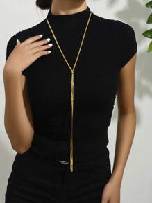 1pc Simple Y-shaped Drawstring Adjustable Stainless Steel Ladies' Necklace With Multiple Wearing Styles - Yellow Gold - View 2