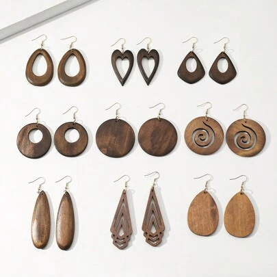 9pcs/Set Retro Vintage Style Wooden Pendant Earrings Jewelry Set For Women