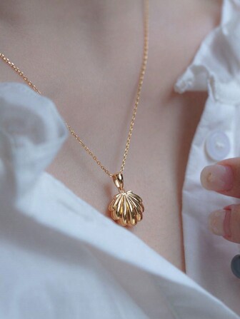 MECYLIFE 1入復古金色海貝殼坊鎖項鍊,搭配假珍珠,適用於女性日常穿搭