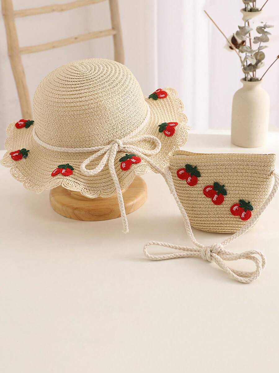 1set Girls' Cherry Princess Style Weaved Hat With Cute Bag, Sun Hat For Beach And Daily Wear, Summer - Beige - View 1