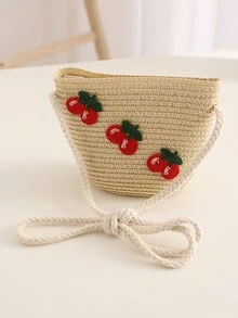1set Girls' Cherry Princess Style Weaved Hat With Cute Bag, Sun Hat For Beach And Daily Wear, Summer - Beige - View 6