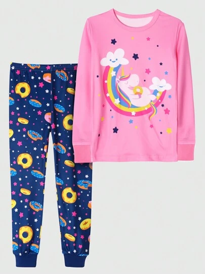 2入組少女彩虹和獨角獸圖案貼身睡衣套裝