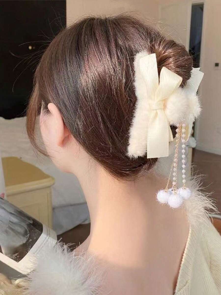 1 件裝女式優雅白色毛皮珍珠流蘇吊墜蝴蝶結 Ins 風格秋冬髮夾,簡約百搭,適合日常佩戴 - 白色 - 查看 1