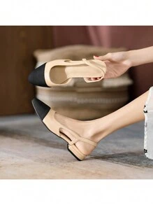 1pair Women's Two Tone Closed Toe High Heel Sandals With Backless Detail, Khaki, Suitable For Office And Casual Wear - Khaki - View 3