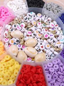 1box 13-grid Assorted Color Soft Pottery Block, Acrylic Letter Beads, Natural Shell, Lobster Clasp, Open Jump Ring, Flower Shaped Spacer Beads Set + 1pc Scissors + 1pc Elastic Cord For Diy Bracelets, Necklaces, Earrings Making