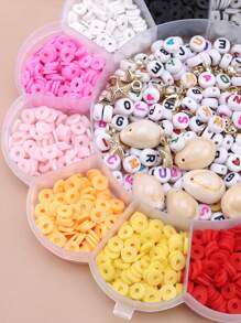 1box 13-grid Assorted Color Soft Pottery Block, Acrylic Letter Beads, Natural Shell, Lobster Clasp, Open Jump Ring, Flower Shaped Spacer Beads Set + 1pc Scissors + 1pc Elastic Cord For Diy Bracelets, Necklaces, Earrings Making