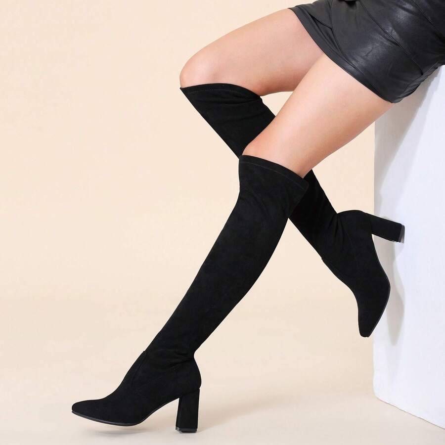 Women Spring Fall Comfort Thigh High Boots White Heels Pointy-Toe And High-Heel Over The Knee Boots Wedding Party Prom - 黑色 - 查看 1
