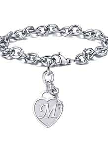 1pc Fashionable Heart Shaped Key & 26 English Letters Charm Bracelet, Chain Type