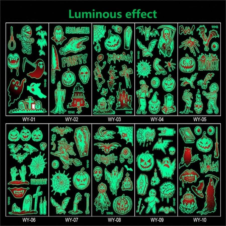 1套兒童萬聖節夜光卡通紋身貼紙,派對集會,節日活動,禮物,臨時貼紙