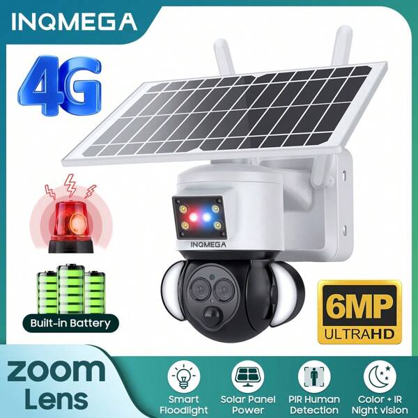 INQMEGA INQMEGA 1pc White Plastic 4G SIM LTE 12X Zoom Digital + Optical Zoom 6MP Solar Powered Security Camera, Yard/Outdoor PIR Motion Detection Alarm Notification With Flashing Red & Blue Lights And Sirens