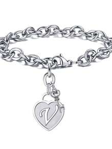 1pc Fashionable Heart Shaped Key & 26 English Letters Charm Bracelet, Chain Type