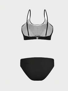 两件套褶皱比基尼可调节细肩带比基尼套装女士夏季海滩 - 黑色 - 查看 1
